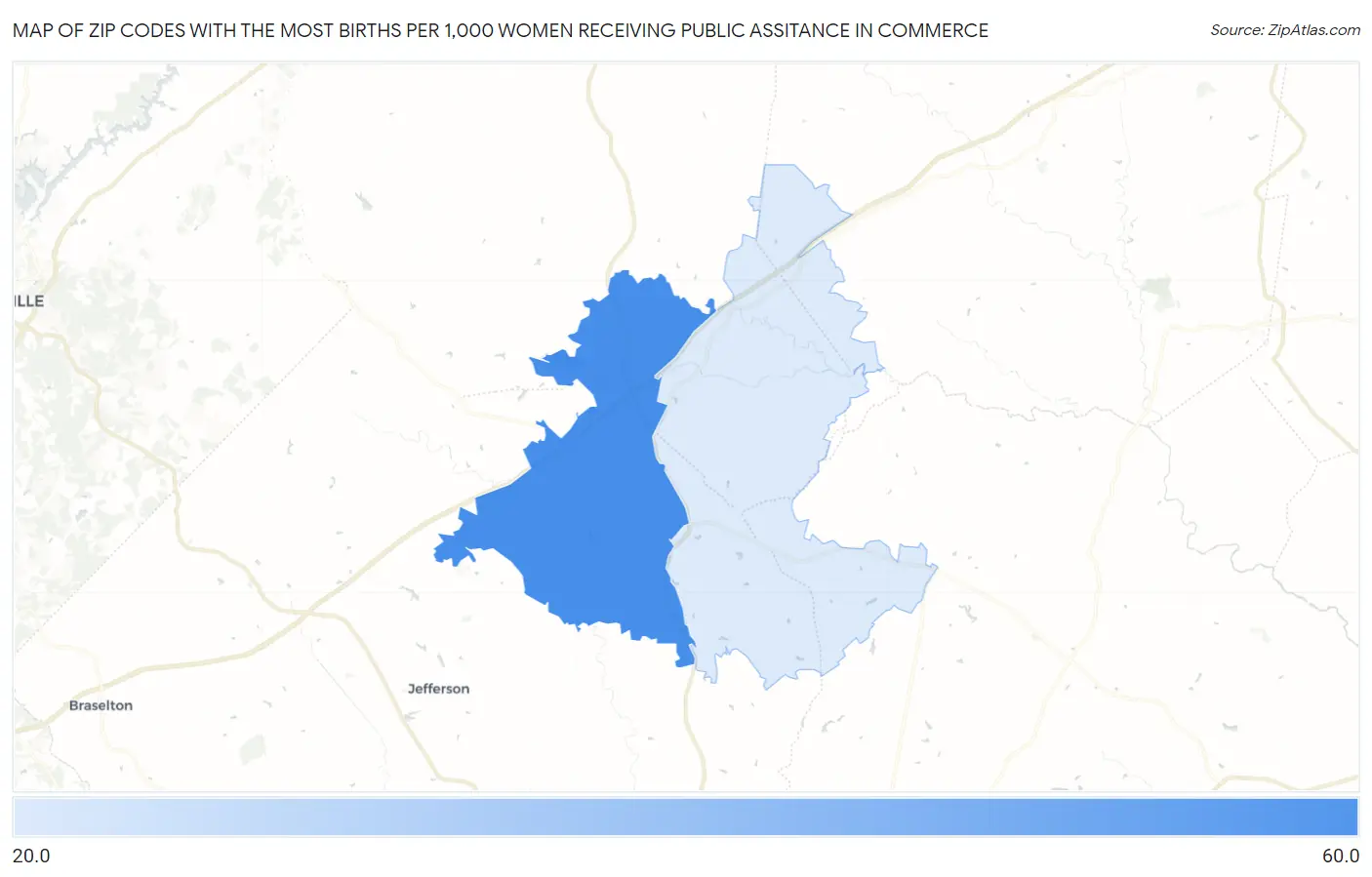 Zip Codes with the Most Births per 1,000 Women Receiving Public Assitance in Commerce Map
