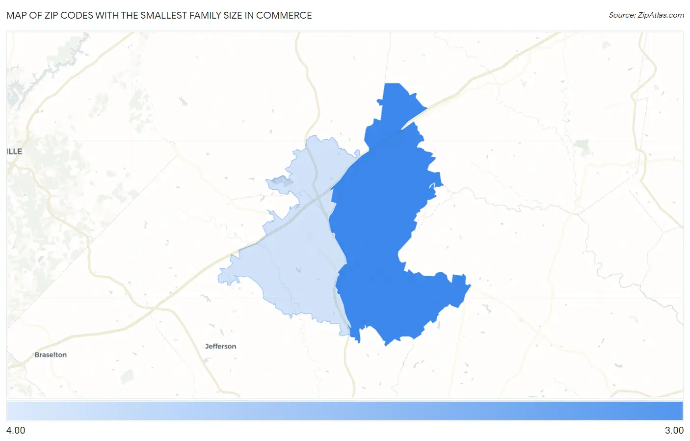 Zip Codes with the Smallest Family Size in Commerce Map