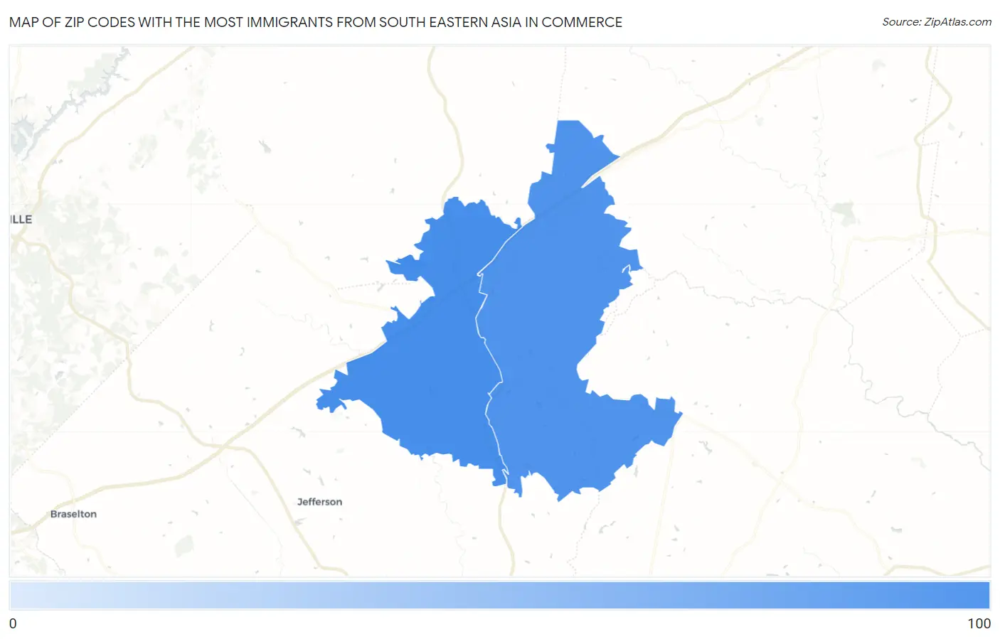 Zip Codes with the Most Immigrants from South Eastern Asia in Commerce Map