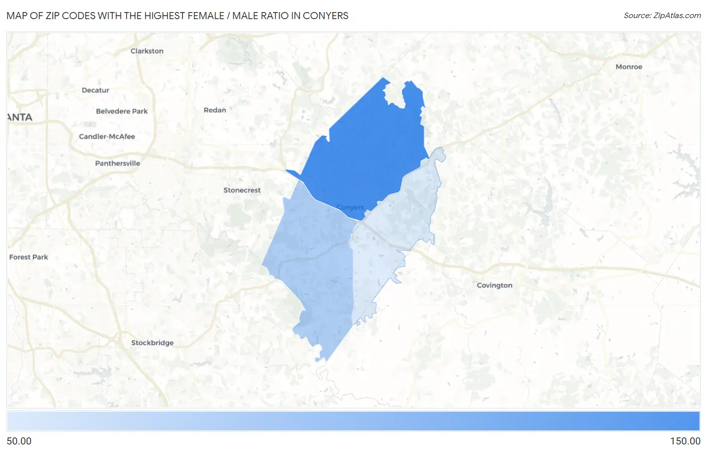Zip Codes with the Highest Female / Male Ratio in Conyers Map