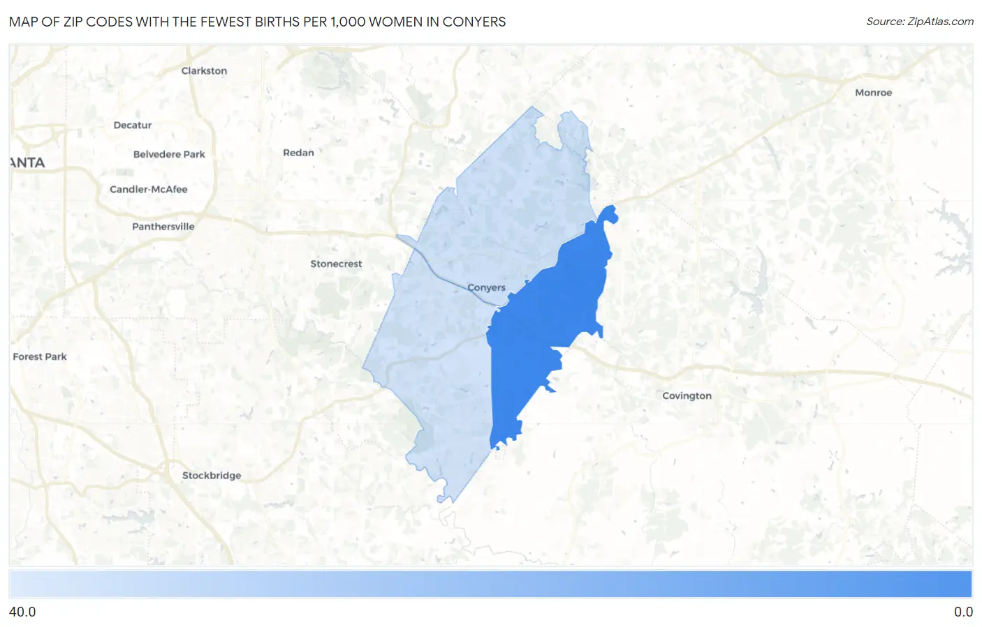 Zip Codes with the Fewest Births per 1,000 Women in Conyers Map