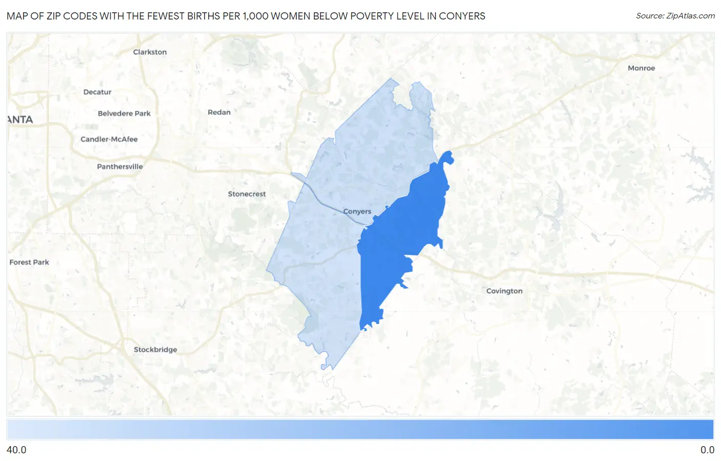 Zip Codes with the Fewest Births per 1,000 Women Below Poverty Level in Conyers Map