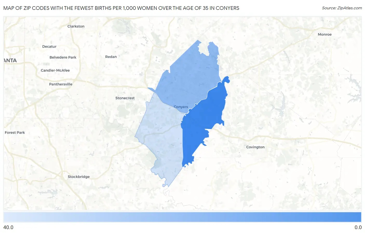 Zip Codes with the Fewest Births per 1,000 Women Over the Age of 35 in Conyers Map