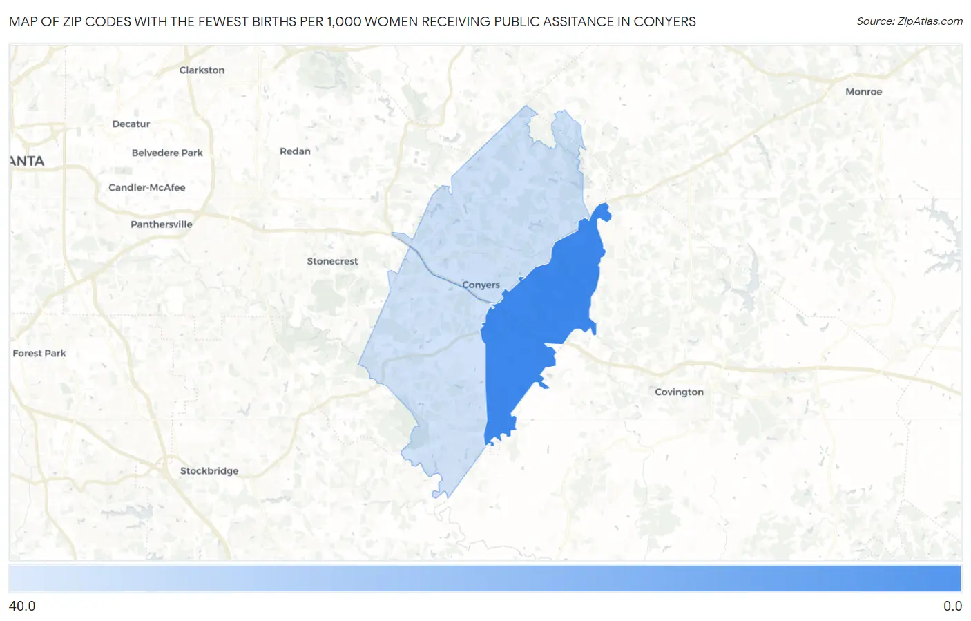 Zip Codes with the Fewest Births per 1,000 Women Receiving Public Assitance in Conyers Map