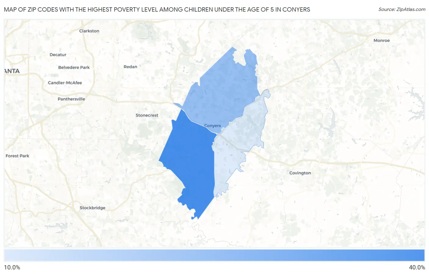 Zip Codes with the Highest Poverty Level Among Children Under the Age of 5 in Conyers Map