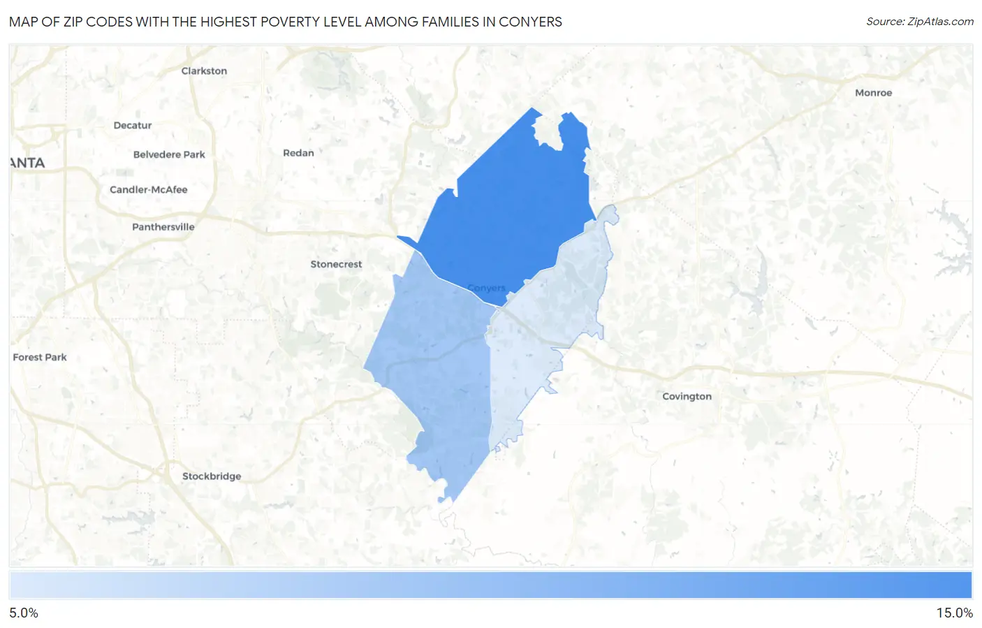 Zip Codes with the Highest Poverty Level Among Families in Conyers Map