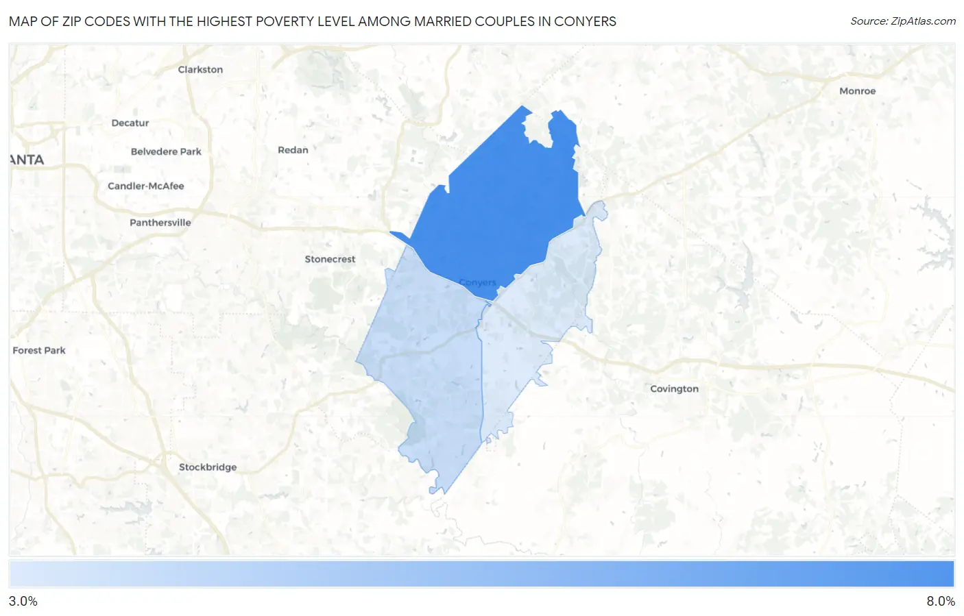 Zip Codes with the Highest Poverty Level Among Married Couples in Conyers Map