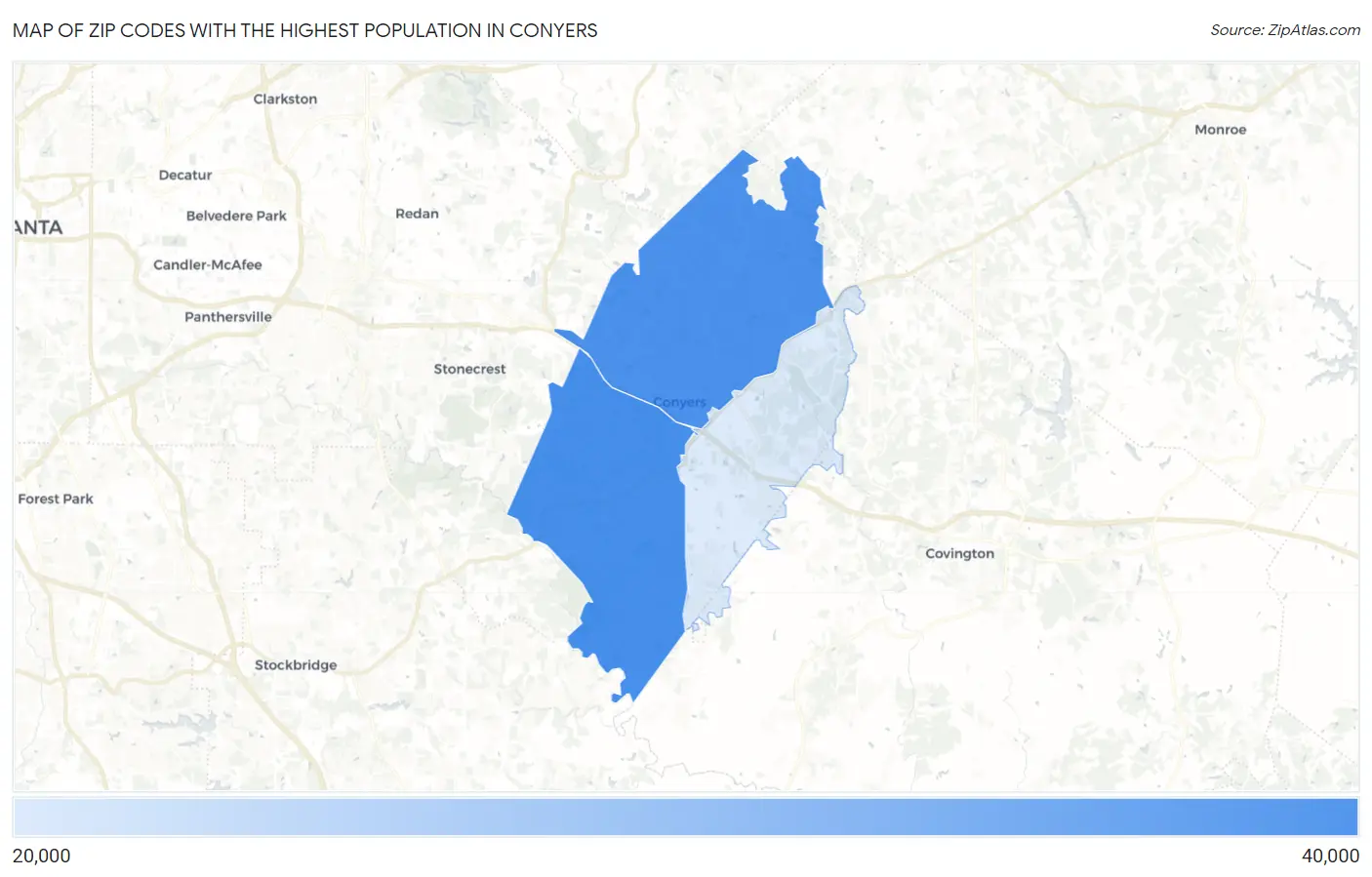 Zip Codes with the Highest Population in Conyers Map