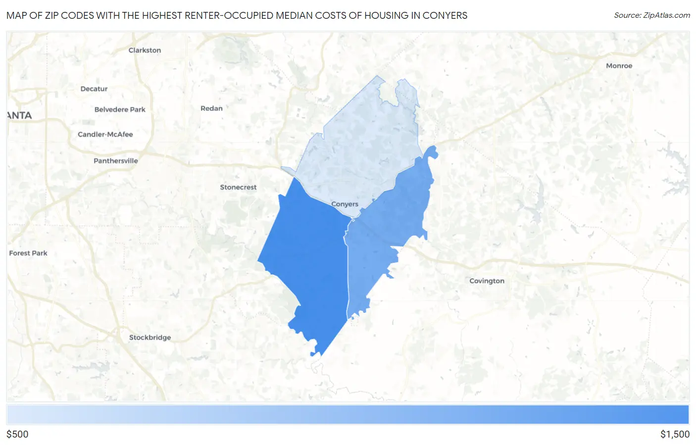 Zip Codes with the Highest Renter-Occupied Median Costs of Housing in Conyers Map