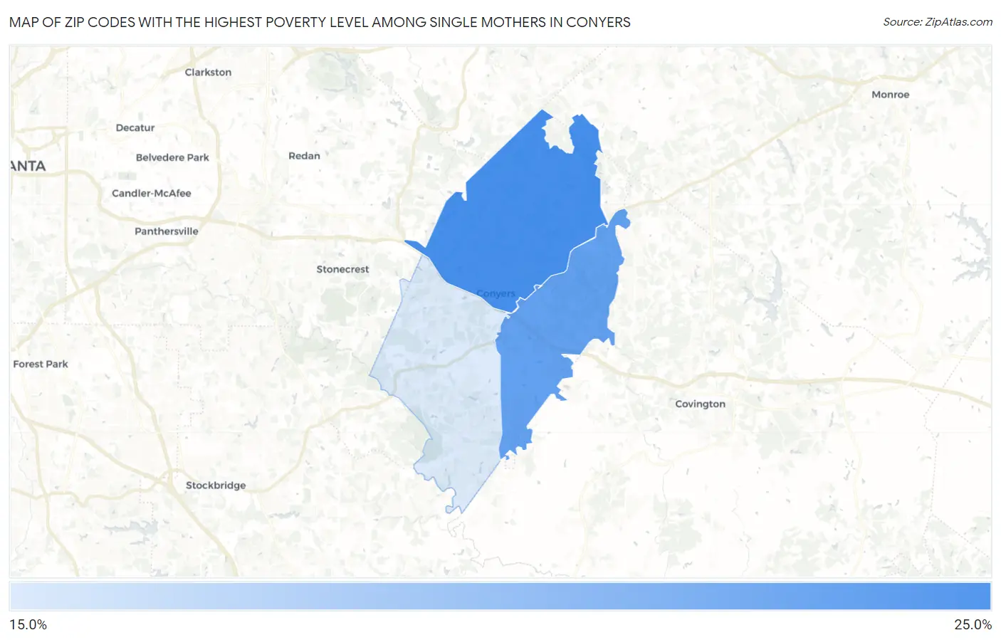 Zip Codes with the Highest Poverty Level Among Single Mothers in Conyers Map