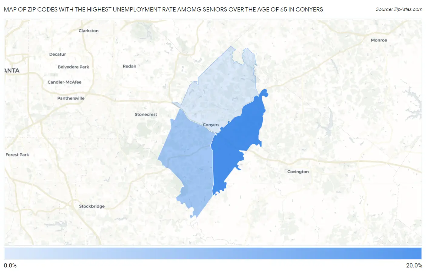 Zip Codes with the Highest Unemployment Rate Amomg Seniors Over the Age of 65 in Conyers Map