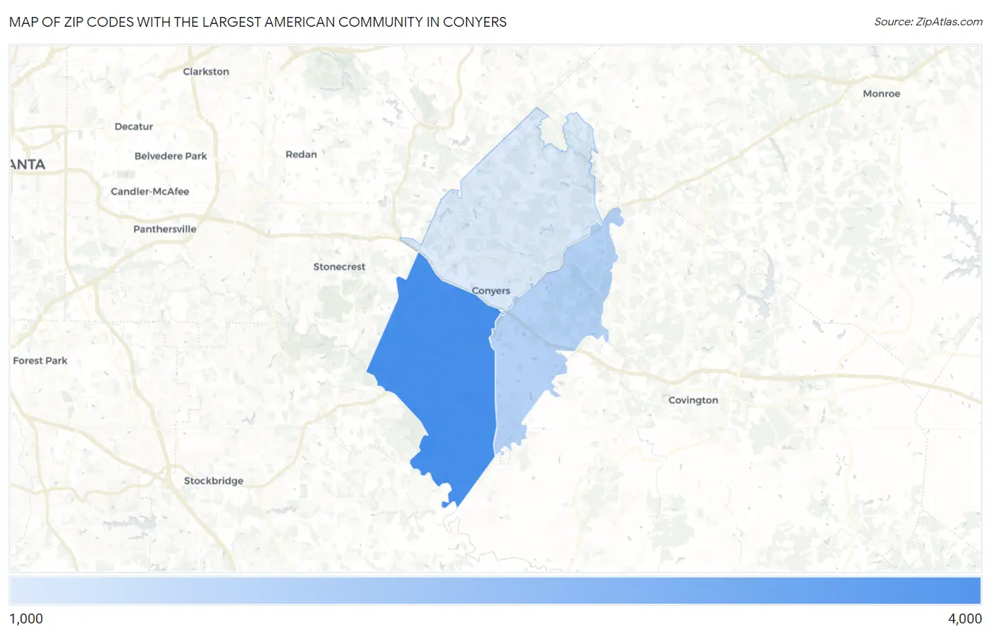 Zip Codes with the Largest American Community in Conyers Map