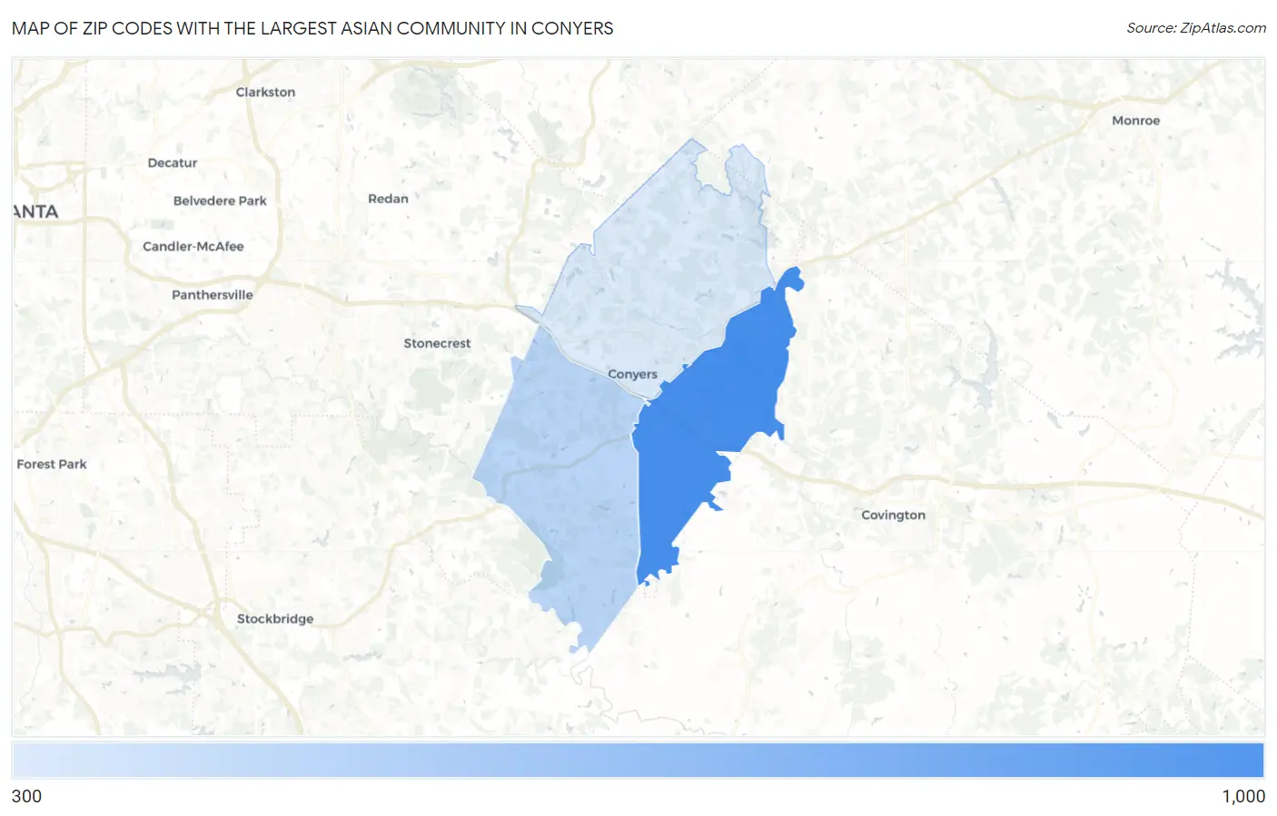 Zip Codes with the Largest Asian Community in Conyers Map