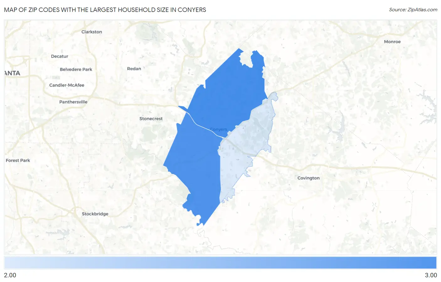 Zip Codes with the Largest Household Size in Conyers Map