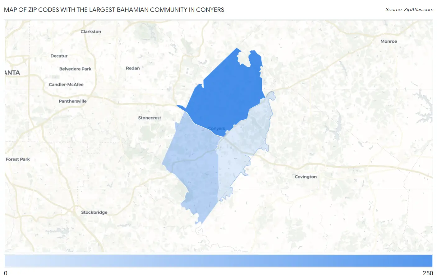 Zip Codes with the Largest Bahamian Community in Conyers Map