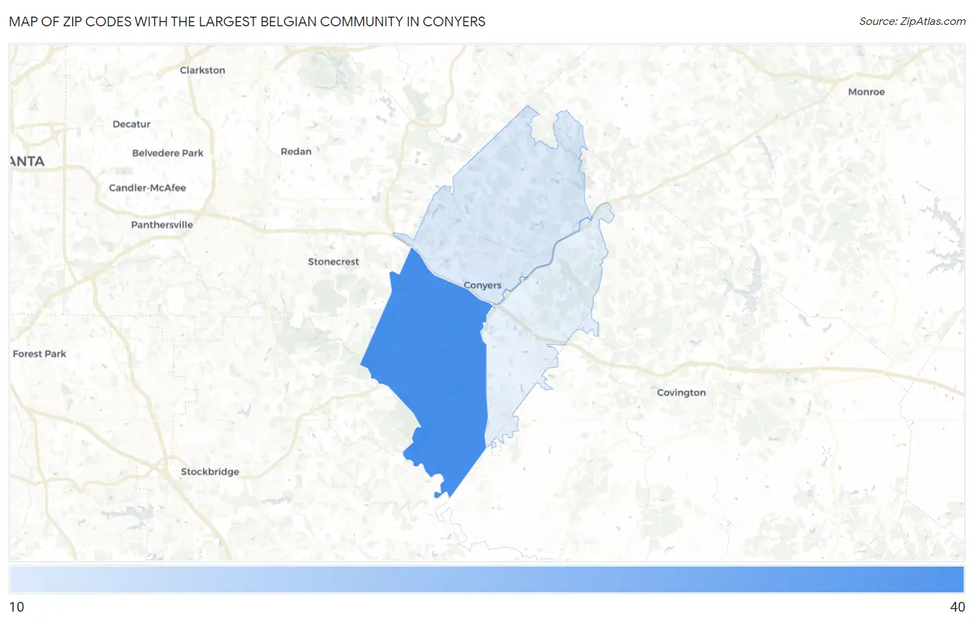 Zip Codes with the Largest Belgian Community in Conyers Map