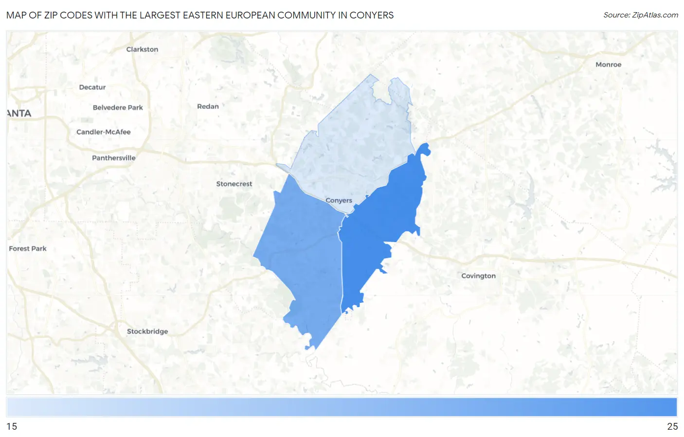 Zip Codes with the Largest Eastern European Community in Conyers Map