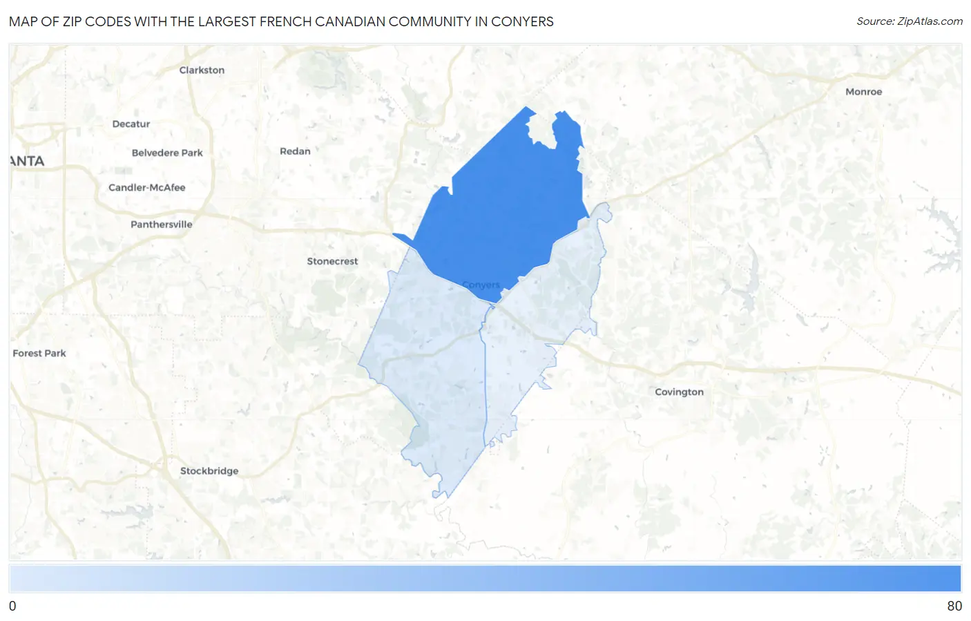 Zip Codes with the Largest French Canadian Community in Conyers Map