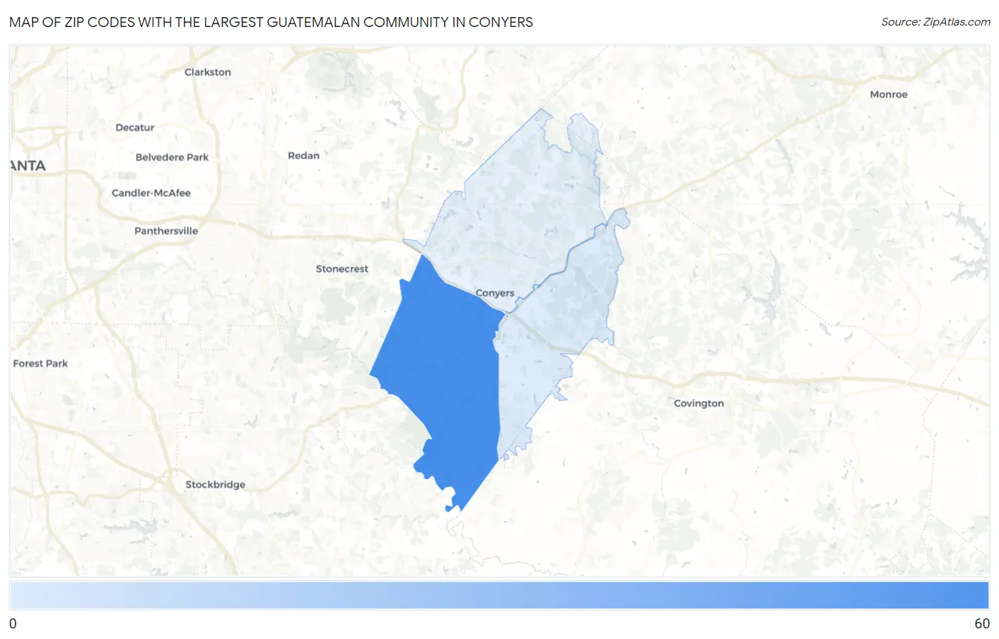 Zip Codes with the Largest Guatemalan Community in Conyers Map