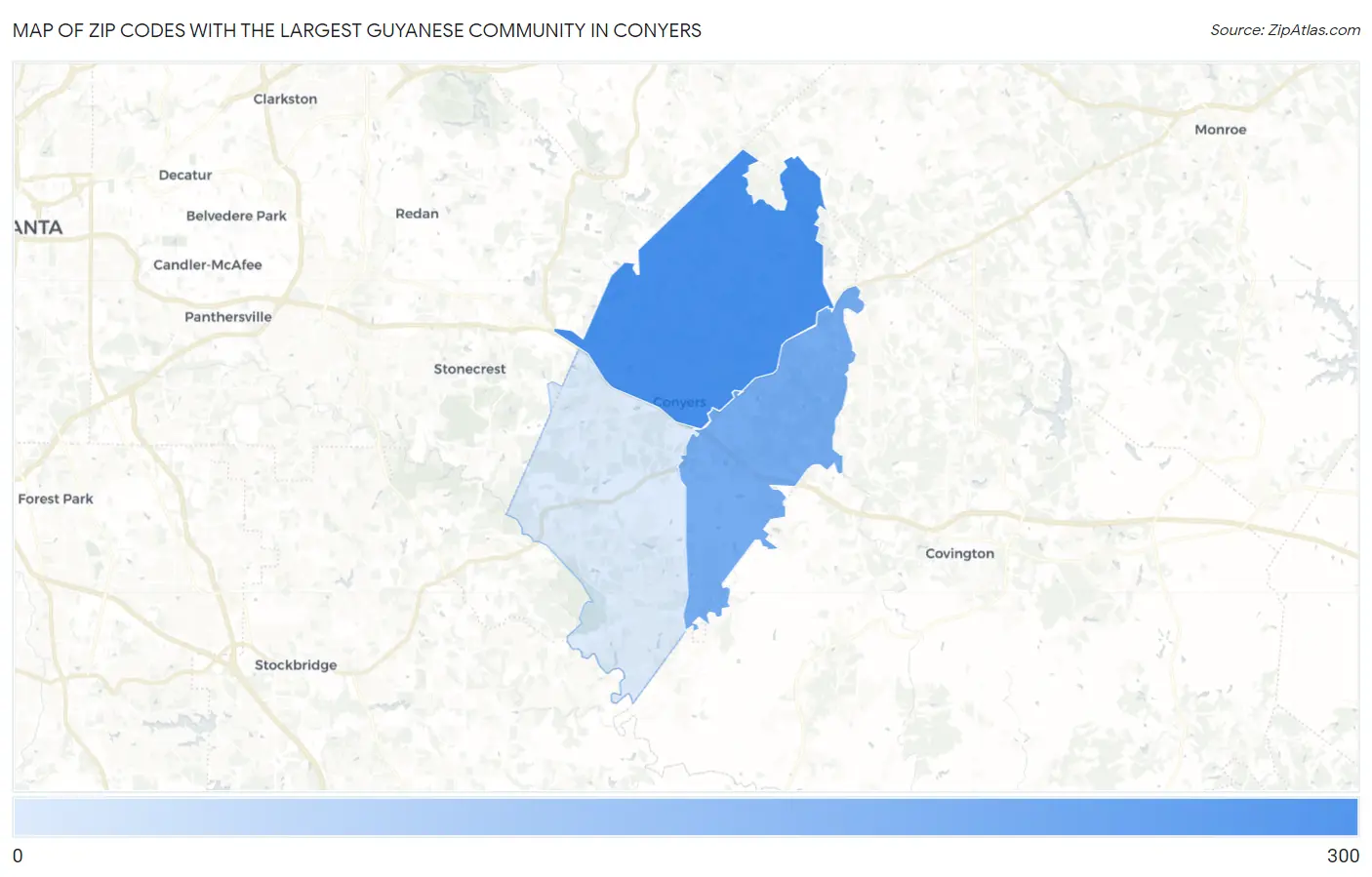 Zip Codes with the Largest Guyanese Community in Conyers Map