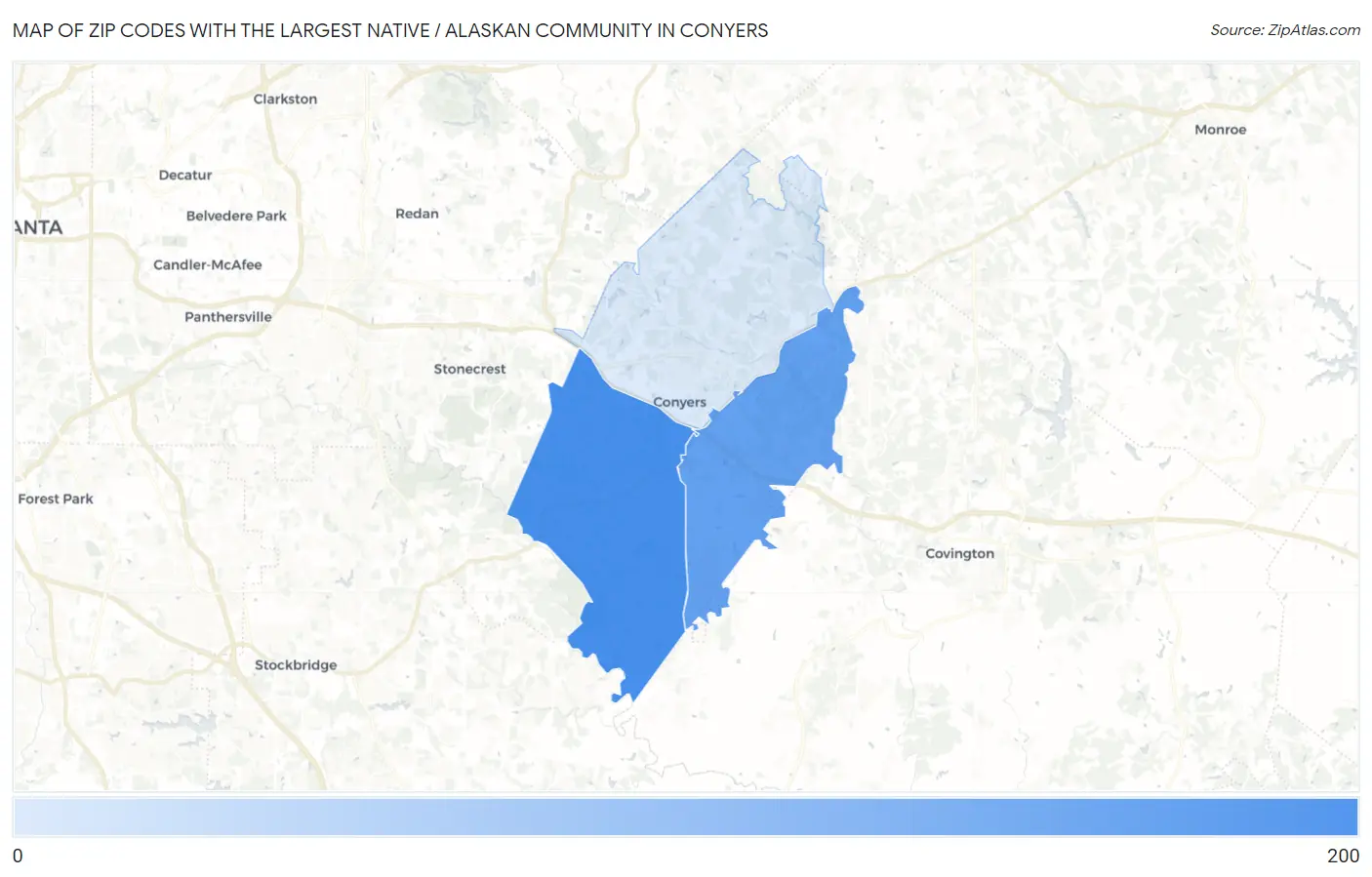 Zip Codes with the Largest Native / Alaskan Community in Conyers Map