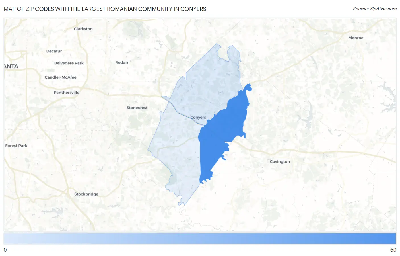 Zip Codes with the Largest Romanian Community in Conyers Map