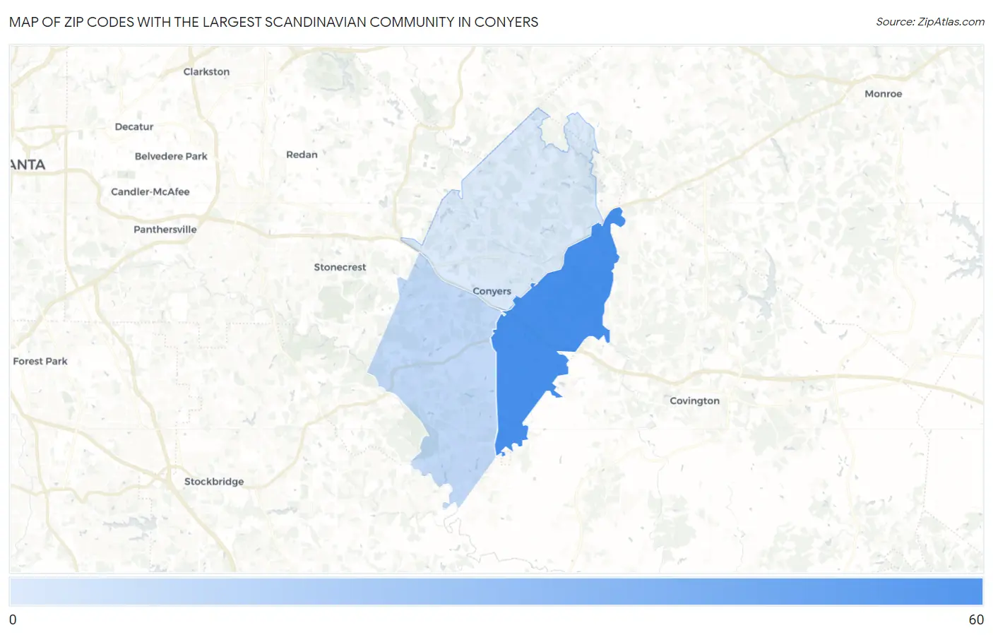 Zip Codes with the Largest Scandinavian Community in Conyers Map