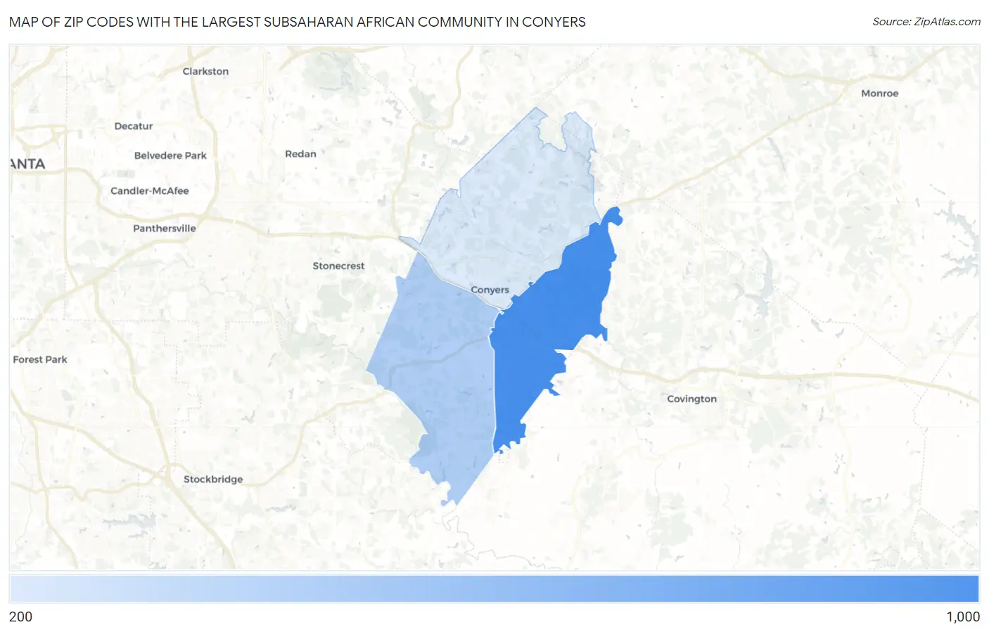 Zip Codes with the Largest Subsaharan African Community in Conyers Map