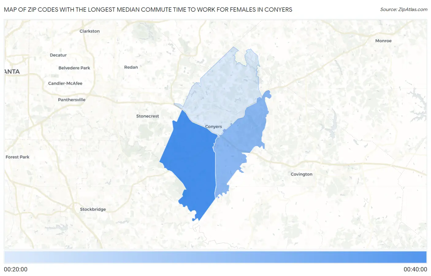 Zip Codes with the Longest Median Commute Time to Work for Females in Conyers Map