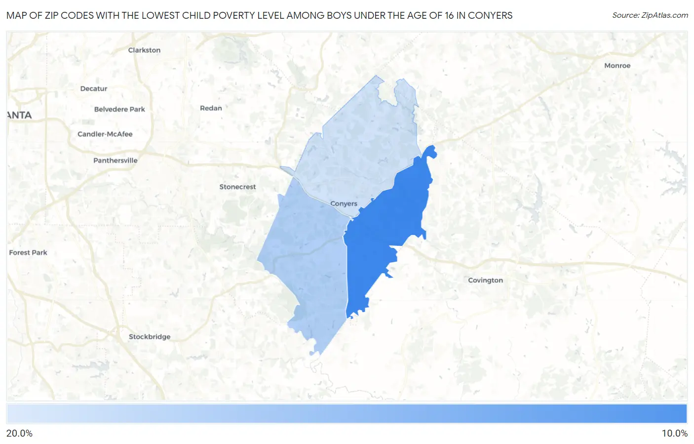 Zip Codes with the Lowest Child Poverty Level Among Boys Under the Age of 16 in Conyers Map