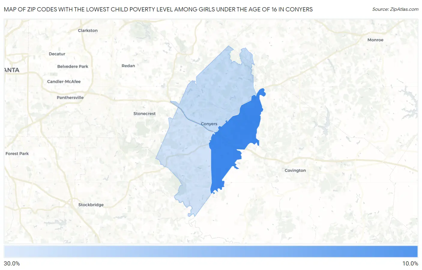 Zip Codes with the Lowest Child Poverty Level Among Girls Under the Age of 16 in Conyers Map