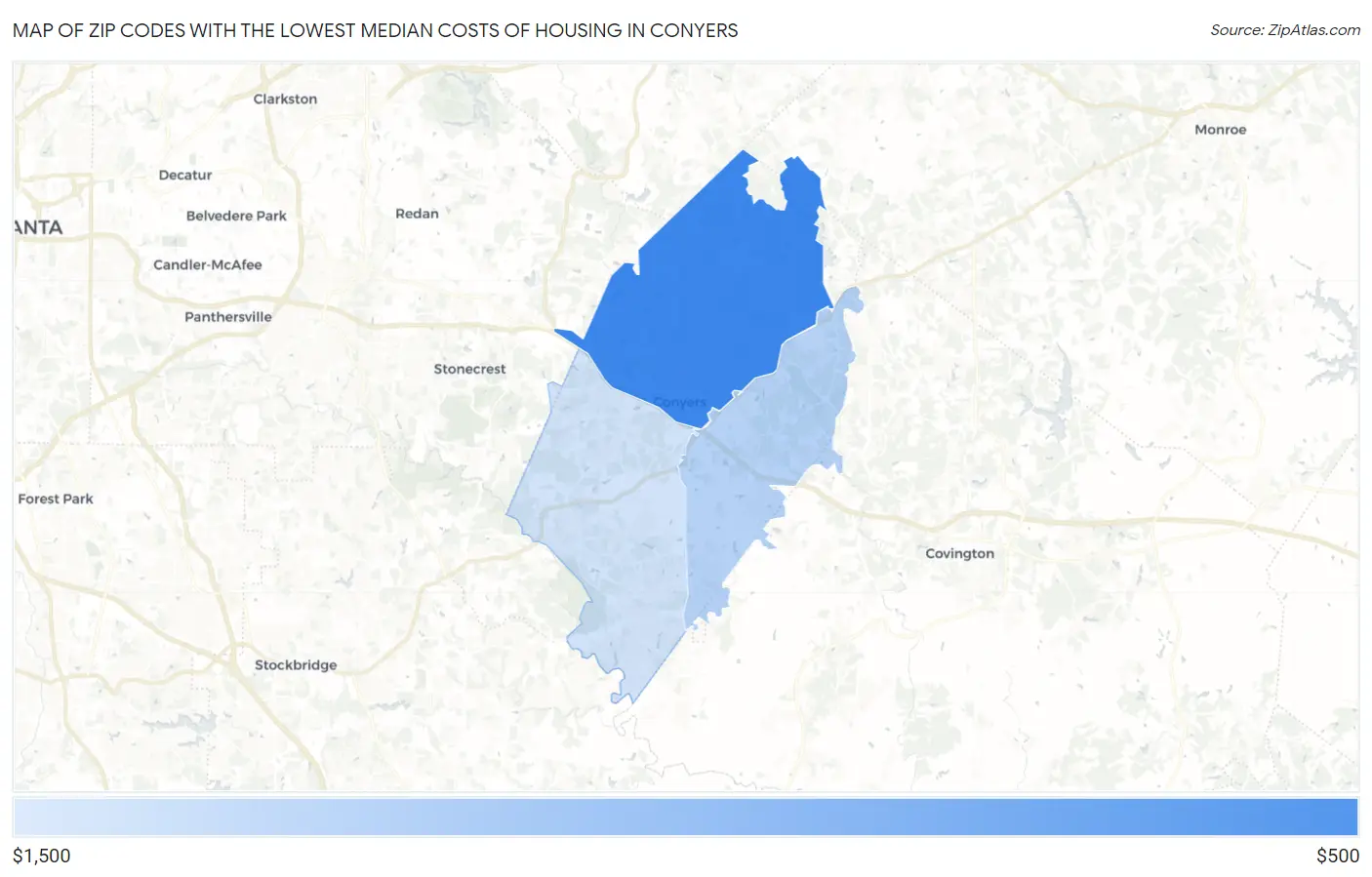 Zip Codes with the Lowest Median Costs of Housing in Conyers Map