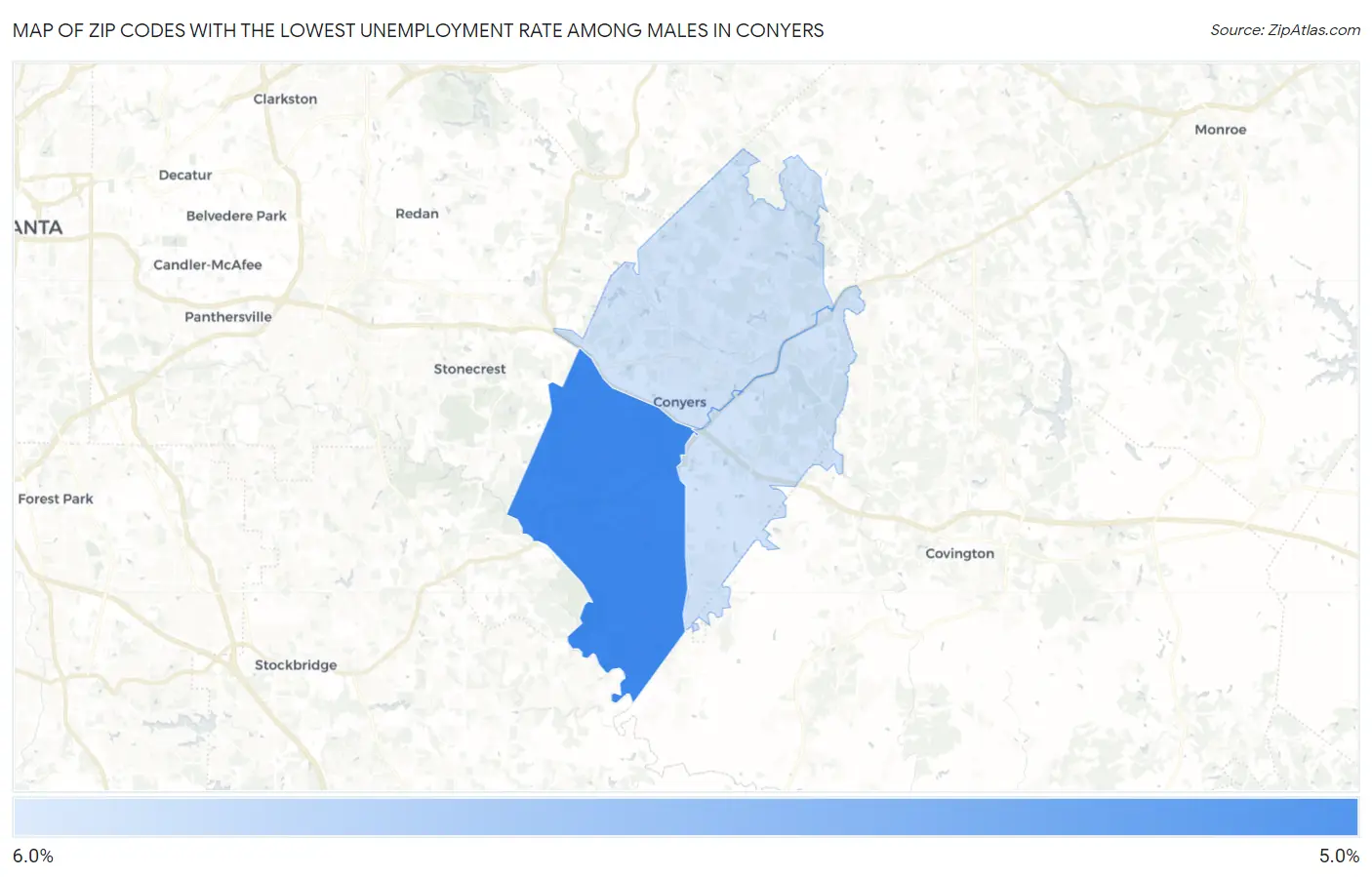 Zip Codes with the Lowest Unemployment Rate Among Males in Conyers Map