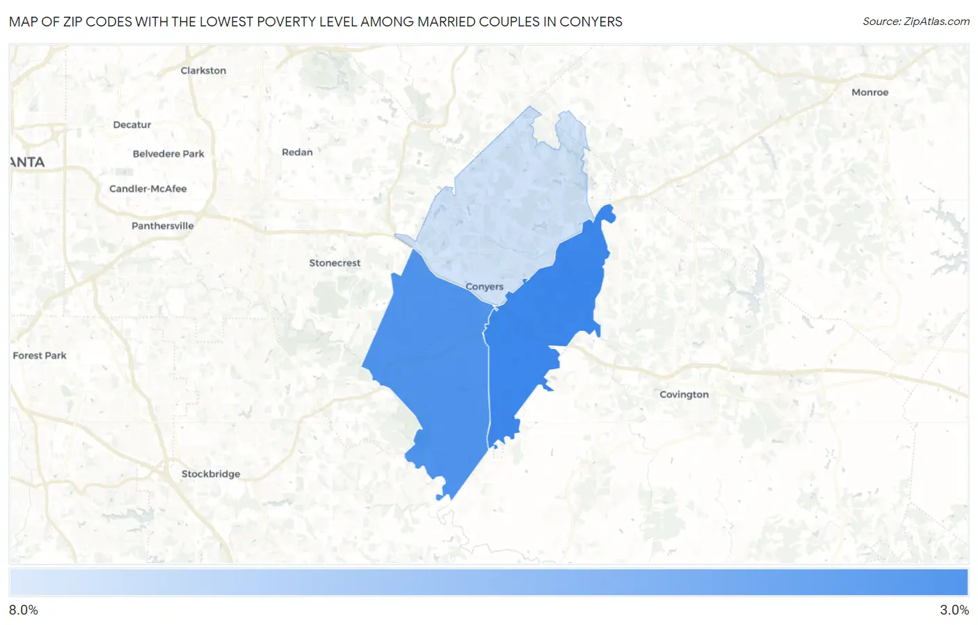 Zip Codes with the Lowest Poverty Level Among Married Couples in Conyers Map