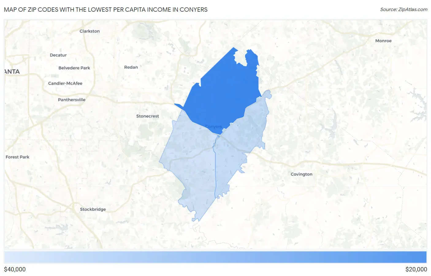 Zip Codes with the Lowest Per Capita Income in Conyers Map