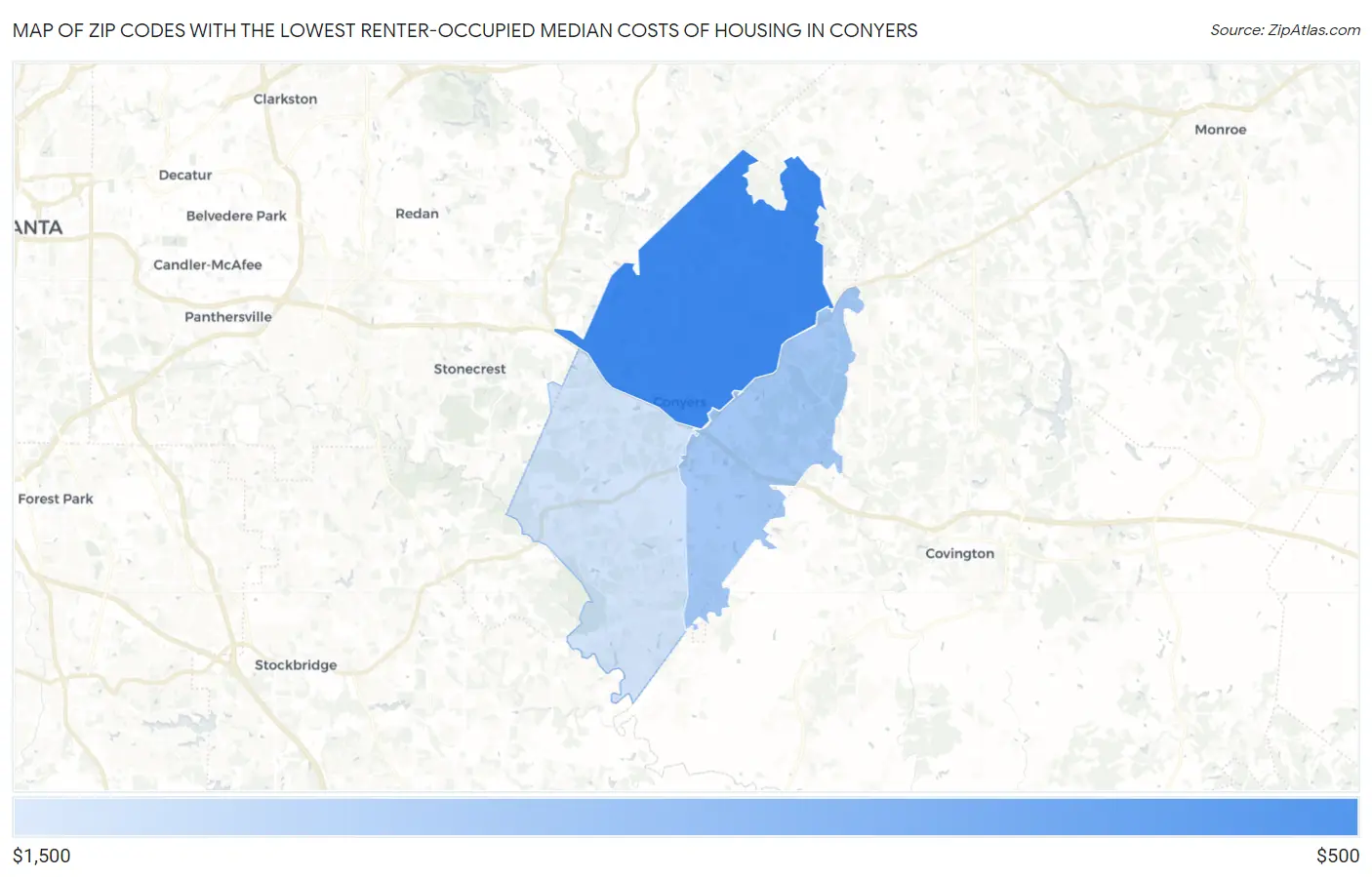 Zip Codes with the Lowest Renter-Occupied Median Costs of Housing in Conyers Map