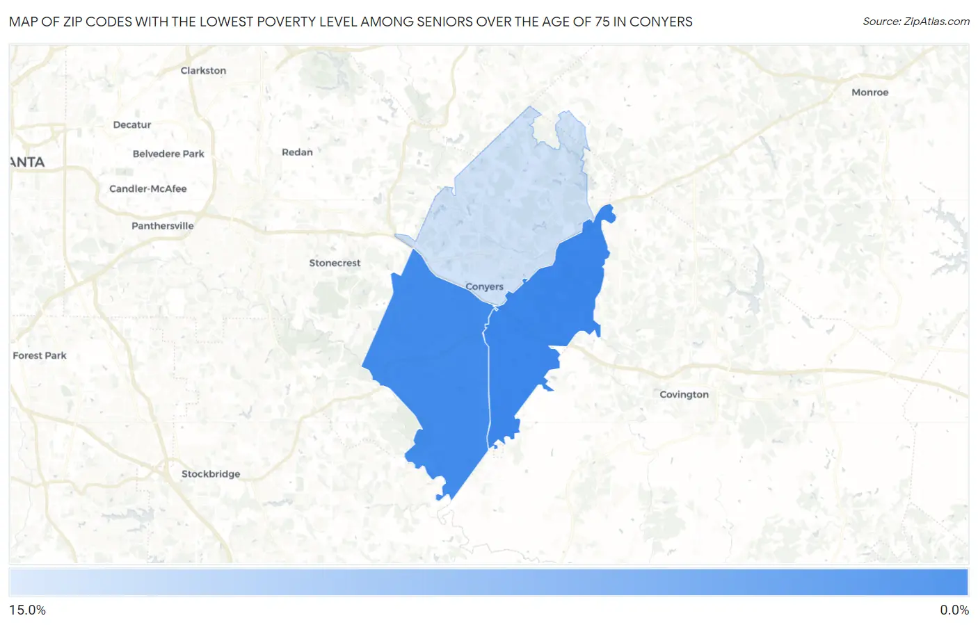 Zip Codes with the Lowest Poverty Level Among Seniors Over the Age of 75 in Conyers Map