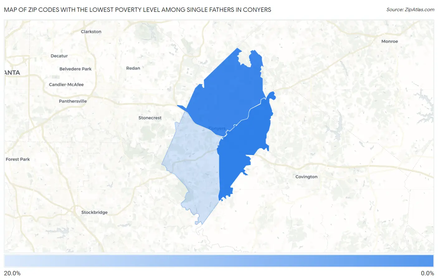 Zip Codes with the Lowest Poverty Level Among Single Fathers in Conyers Map