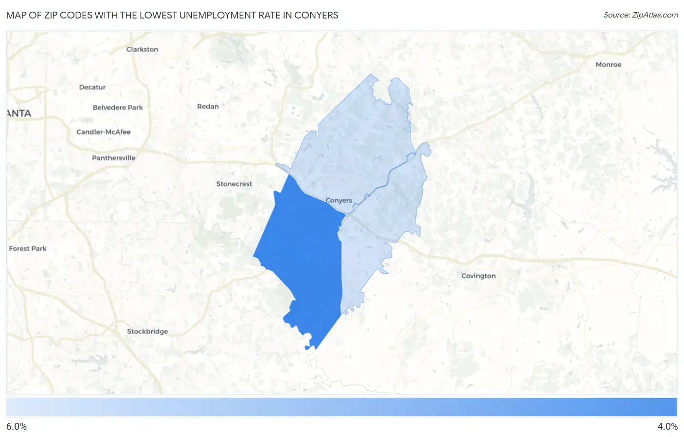 Zip Codes with the Lowest Unemployment Rate in Conyers Map