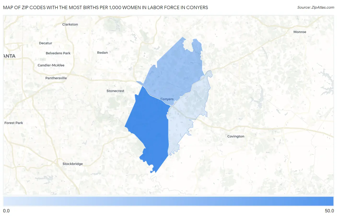 Zip Codes with the Most Births per 1,000 Women in Labor Force in Conyers Map