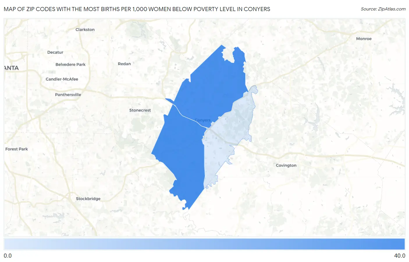 Zip Codes with the Most Births per 1,000 Women Below Poverty Level in Conyers Map