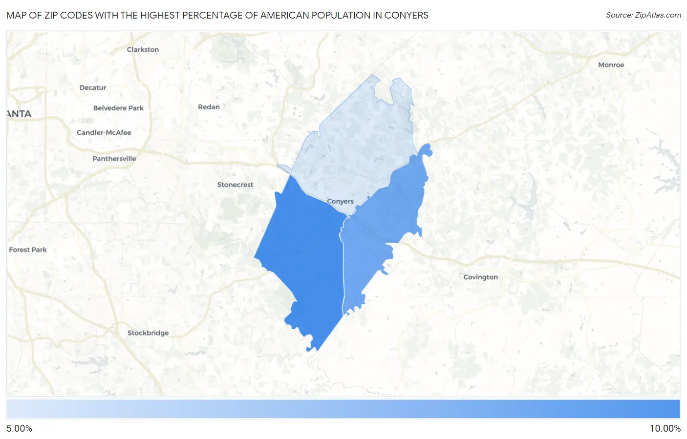 Zip Codes with the Highest Percentage of American Population in Conyers Map