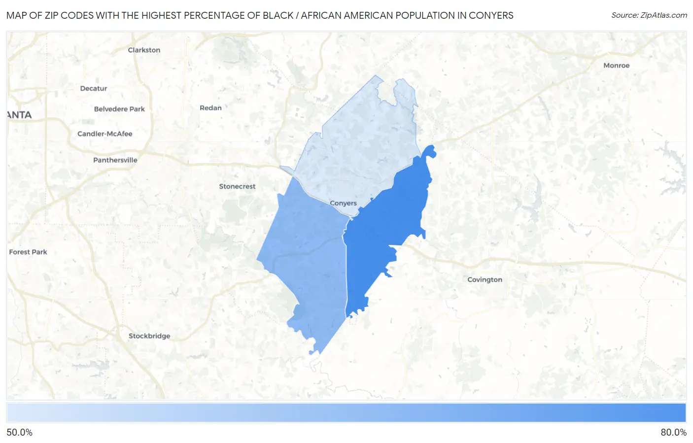 Zip Codes with the Highest Percentage of Black / African American Population in Conyers Map