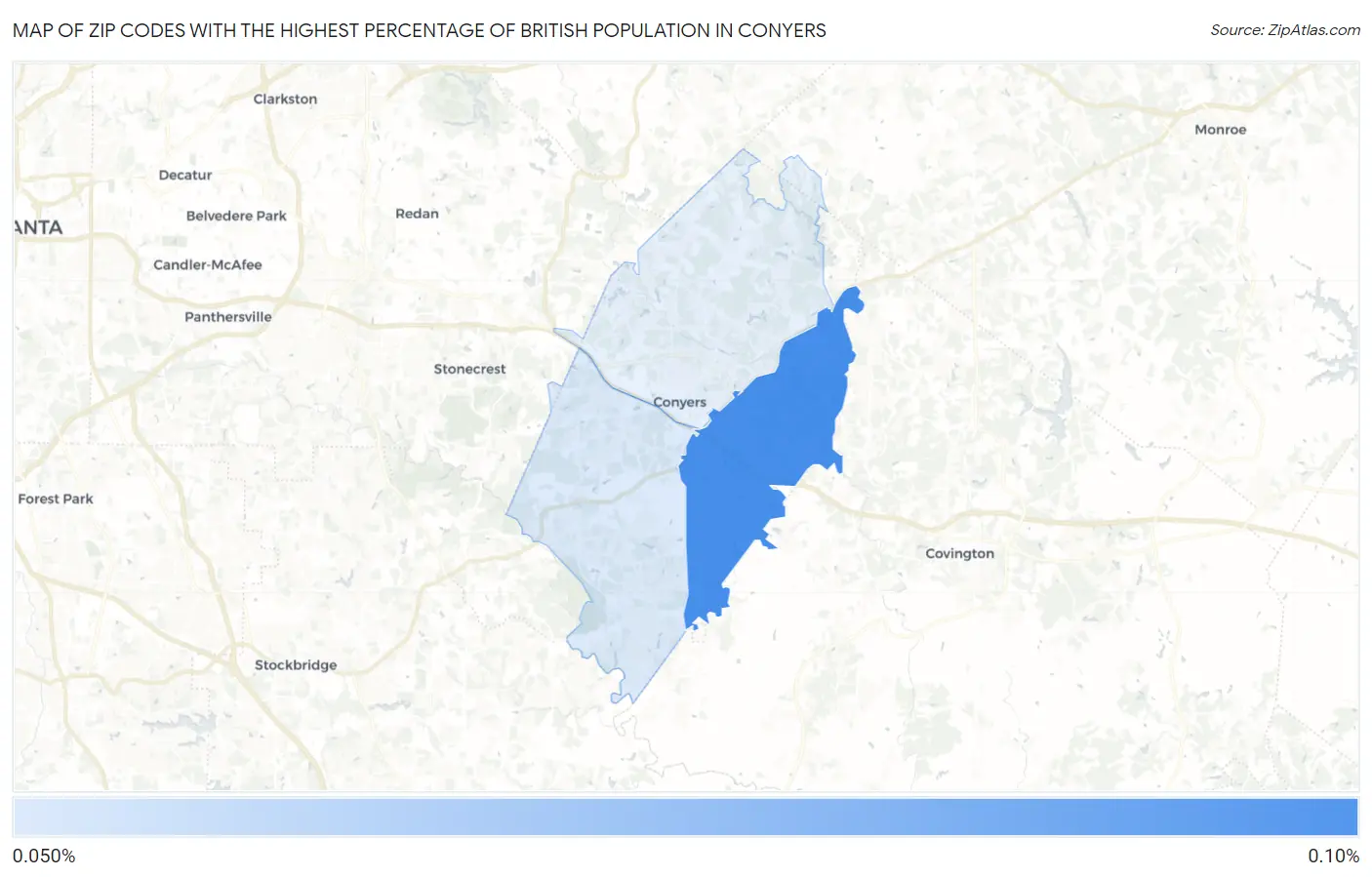 Zip Codes with the Highest Percentage of British Population in Conyers Map