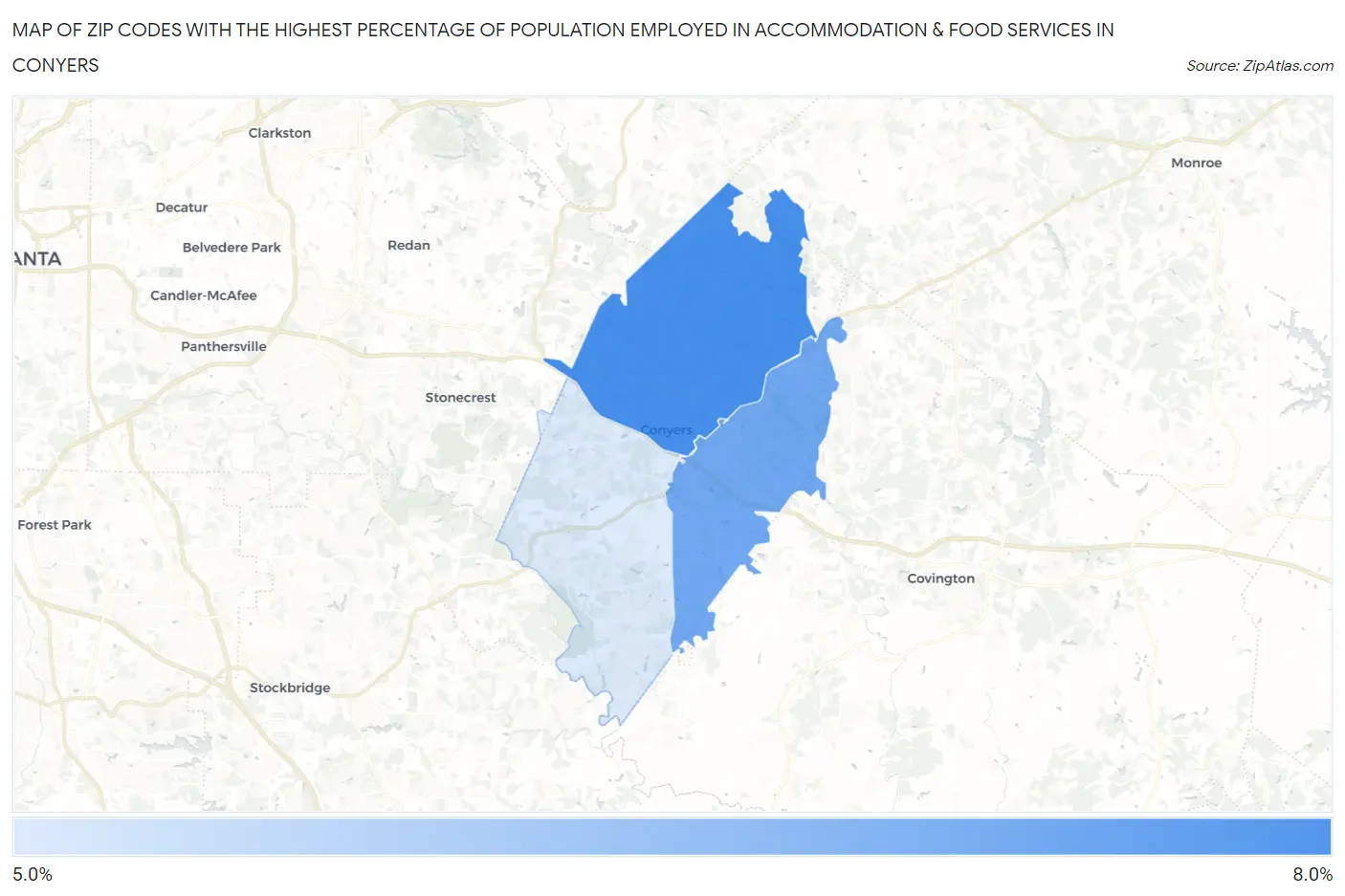 Zip Codes with the Highest Percentage of Population Employed in Accommodation & Food Services in Conyers Map
