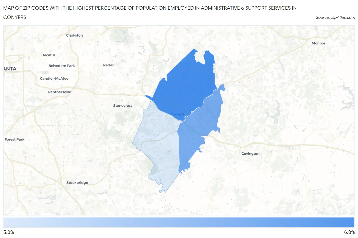 Zip Codes with the Highest Percentage of Population Employed in Administrative & Support Services in Conyers Map