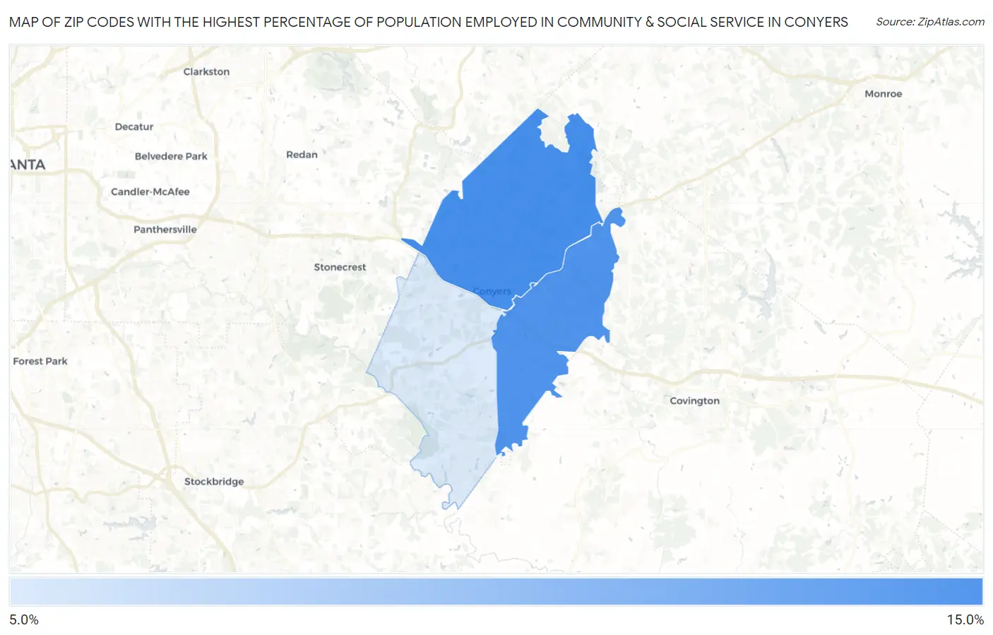 Zip Codes with the Highest Percentage of Population Employed in Community & Social Service  in Conyers Map