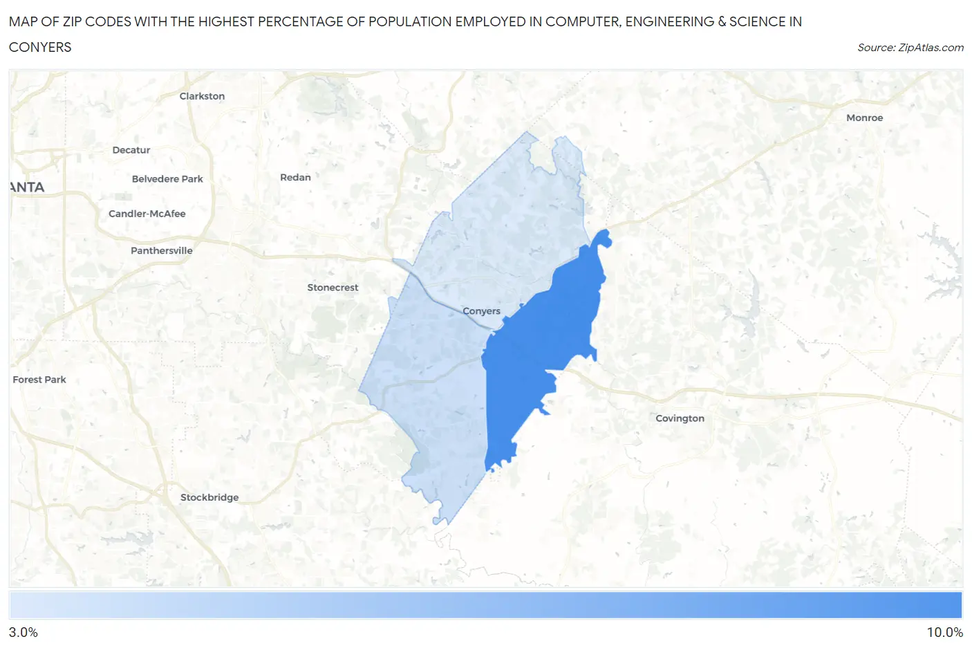 Zip Codes with the Highest Percentage of Population Employed in Computer, Engineering & Science in Conyers Map