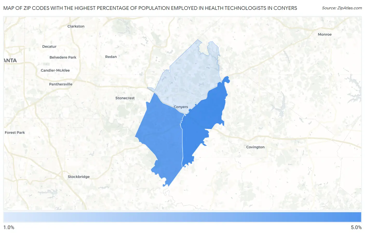 Zip Codes with the Highest Percentage of Population Employed in Health Technologists in Conyers Map