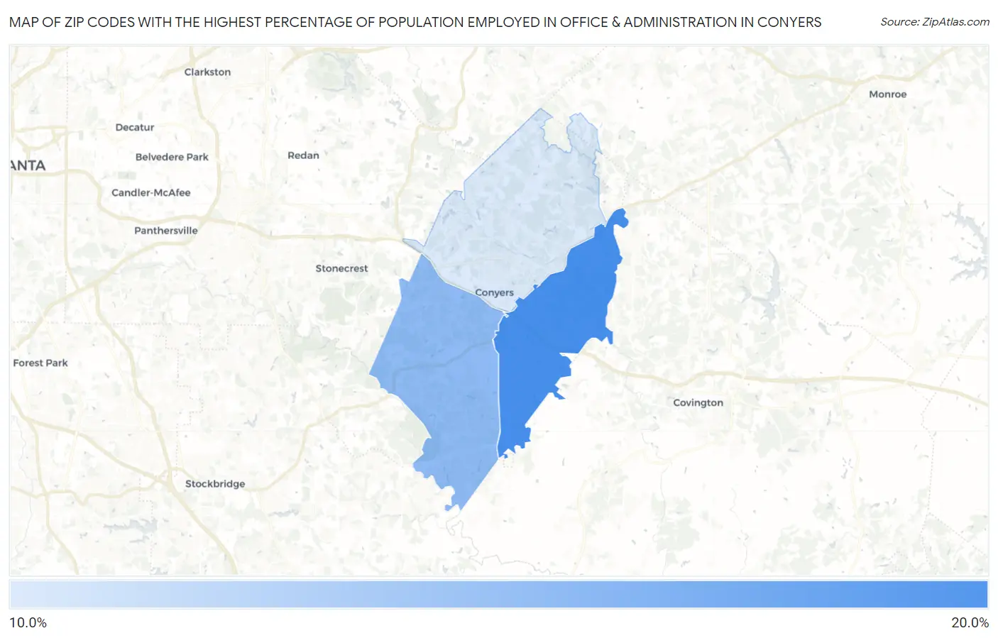 Zip Codes with the Highest Percentage of Population Employed in Office & Administration in Conyers Map